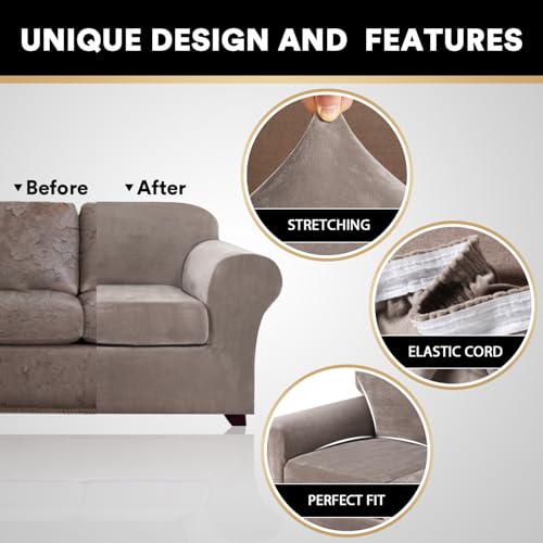PrinceDeco Velvet Couch Cover Loveseat Covers for 2 Cushion Couch 3 Piece Sofa Covers for Dogs Washable Loveseat Covers Width Up to 72 Inch No Slip Stretch Sofa Slipcover(Medium, Taupe)