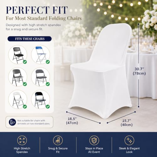 10 Pack White Spandex Folding Chair Covers, Stretch Polyester Slipcovers for Wedding, Party & Dining Chairs – Flat Front Design, Universal Fit