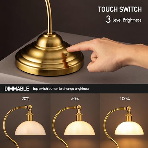 O'Bright Bankers - Cordless LED Table Lamp, Battery-Operated, Rechargeable, 3-Level Dimming, Universal USB-C Charging, 180° Swivel Head, White Jade Glass Shade, Antique Brass