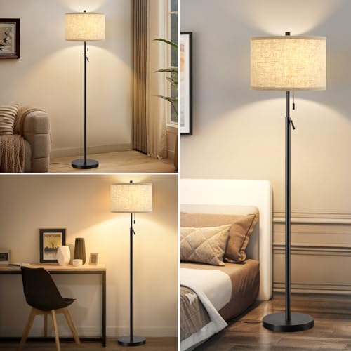 Black Floor Lamp, Height Adjustable Standing Lamp Tall Lamp with Fabric Lampshade&Pull Chain Corner Floor Lamps for Living Room, Bedroom & Office Bulbs Not Included(Black Base)