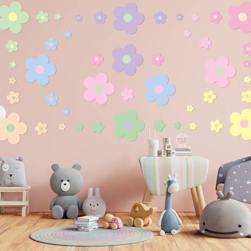 Hotop 128 Pcs Y2K Room Decor Cute Flowers Wall Decal Aesthetic Preppy Wall Art Decor Peel and Stick Retro Stickers Room Aesthetic Decor for Girl Teen Home Dorm Bedroom Decoration (Danish Pastel)