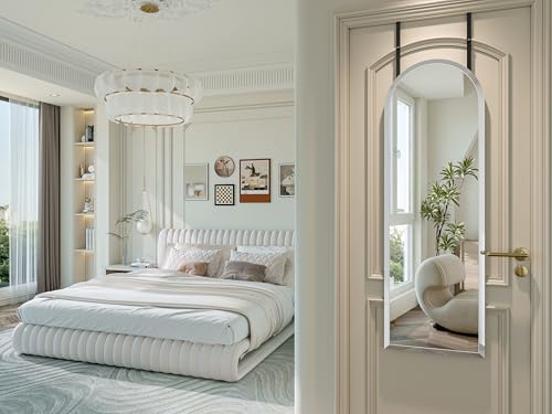 Frameless Arched Door Mirror Full Length, 48 x 14 Inch Frameless Beveled Full Body Arched Wall Mirror with 2 Hooks, Over the Door Hanging Mirror for Bedroom, Living Room, Cloakroom