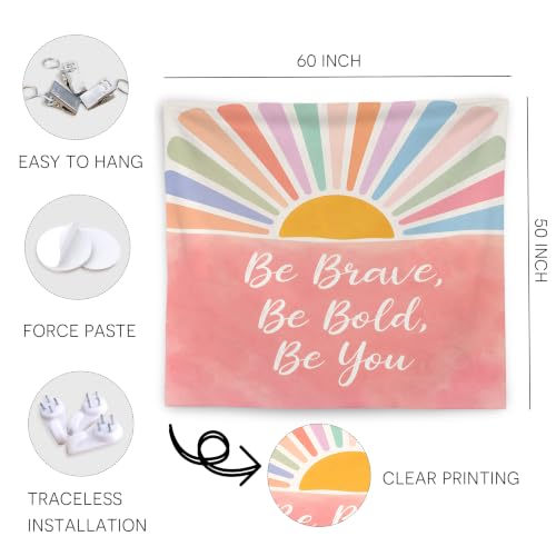 WNAGT Boho Sunshine Motivational Tapestry Wall Hanging 50x60 Inch | Positive Affirmation Be Brave Bold Be You Wall Tapestry for Kids Room Nursery Classroom Home Office Decor