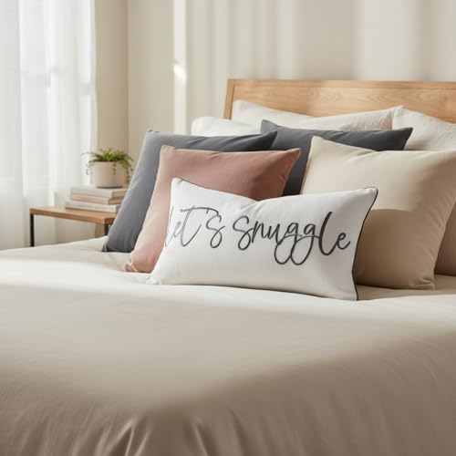 Sunkifover Let's Snuggle Decorative Lumbar Pillow Cover - 12x20 Inch White and Grey Cotton Embroidery Throw Pillowcase for Bed, Bedroom, Living Room, Home Decor