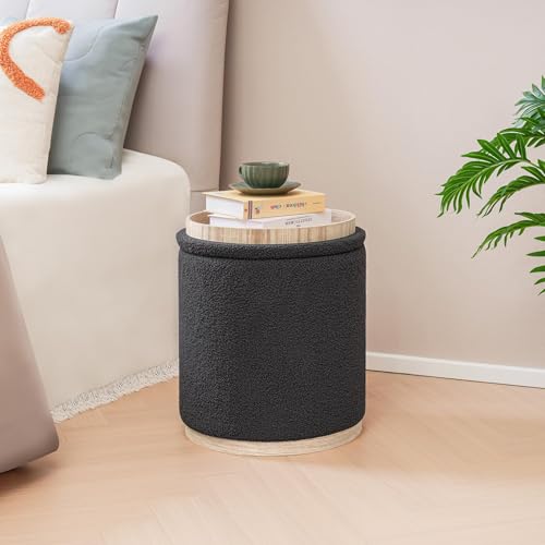Round Storage Ottoman Set of 2, Dark Grey Boucle Stools with Tray