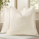 decorUhome Summer Corduroy Cream White Throw Pillow Covers 18x18 Set of 2 Decorative Soft Boho Farmhouse Couch Pillow Covers for Living Room Bed Sofa Broadside Striped Pillow Cases