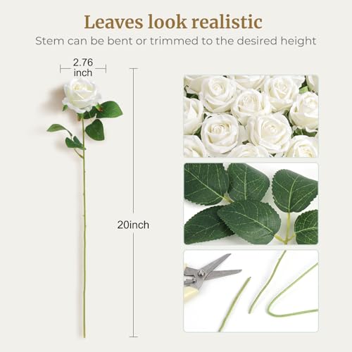60PCS Artificial Roses Bulk, White Velvet Silk Fake Roses, Realistic White Flowers for Mother's Day, Wedding Centerpieces, Bridal Bouquets, Home Decor, Baby Shower, Valentine's Day Party Decorations