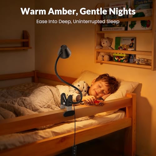 LEPOWER Clip on Light, 7W Reading Lights for Books in Bed with 5 Colors & Stepless Dimming, RG0 Eye-Care, Amber Glow Light & Auto Timer, Strong Clamp with Adapter for Headboard, Bedside, Desk, Black