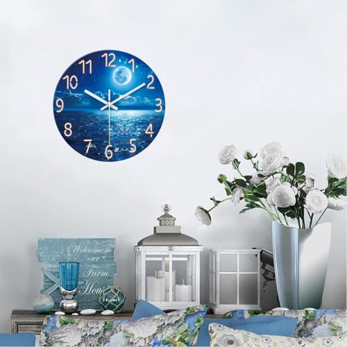 XFM Blue Moon Wall Clock 12 Inch Modern Wall Clocks Battery Operated Silent Non Ticking Decorative Round Analog Clock for Living Room Bedroom Kitchen