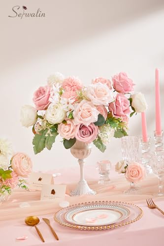 Serwalin Artificial Flowers Fake Silk Flowers for DIY Wedding Bouquets Cake Decoration Mixed Roses Combo Blush Pink and White Flower Centerpieces Arrangements for Party Table Chair Decor