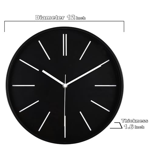 zyzamay Modern 12 Inch Round 3D Wall Clock, Black, Silent Quartz Battery Operated, Easy to Read, Accurate Time, Modern Style