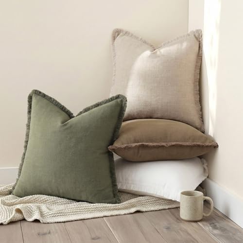 decorUhome Linen Fringe Olive Green Throw Pillow Covers 16x16 Set of 2