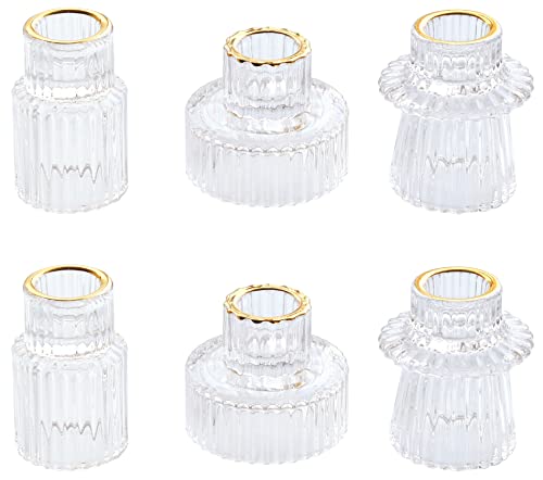 Vixdonos Taper Glass Candlestick Holders Tealight Candle Holders for Table Centerpieces, Wedding Decor and Dinner Party (6 Pcs, Gold Rim Clear)