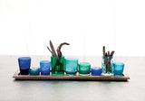 Creative Co-Op 9-Piece Blue and Green Glass Votive Holders on Wood Tray, Multicolor