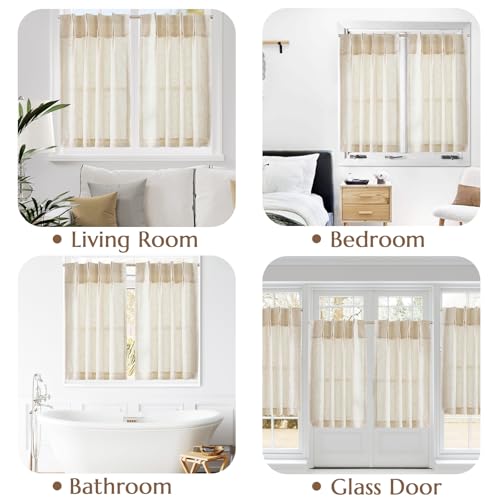 jinchan Linen Pinch Pleated Kitchen Curtains 36 Inch 2 Panels, Natural Linen Tier Curtains Back Tab Beige Farmhouse Cafe, Light Filtering Small Window Drapes for Bathroom Laundry Room Beige