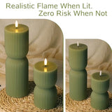 Olive Green Ribbed Flameless Pillar Candles with Remote Set of 2