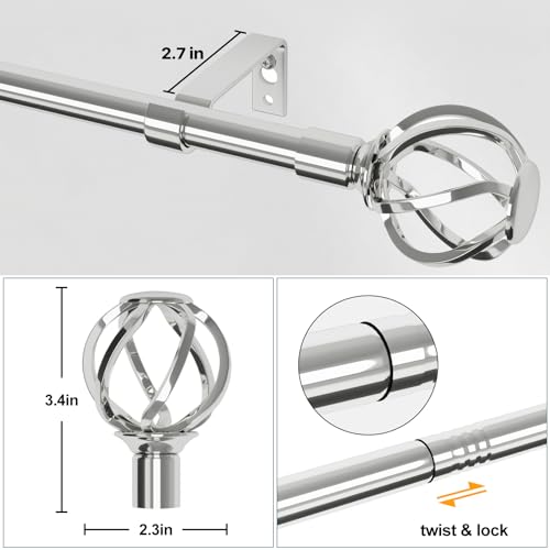 Silver Curtain Rods for Windows 66 to 120 with Cage Finials, Heavy Duty Curtain Rod with Splicing Adjustable, Decorative Curtain Rods for Outdoor Patio, Sliding Glass Door, 5/8" Diameter (Chrome)