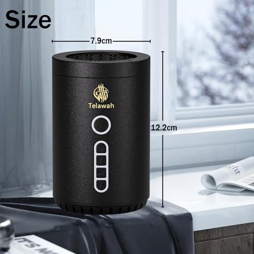 2-in-1 Electric Incense Burner with Quran Speaker, Rechargeable Portable Bakhoor Burner and Aroma Diffuser, Round, Black, 3.1x3.1x4.8 Inches