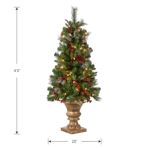 National Tree Company 4 ft Pre-Lit Crestwood Spruce Mini Artificial Christmas Entrance Tree, 100 Clear Lights, 230 Tips, Glitter, Pinecones, Red Berries, Gold Rubbed Pedestal Base, Green