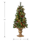 National Tree Company 4 ft Pre-Lit Crestwood Spruce Mini Artificial Christmas Entrance Tree, 100 Clear Lights, 230 Tips, Glitter, Pinecones, Red Berries, Gold Rubbed Pedestal Base, Green