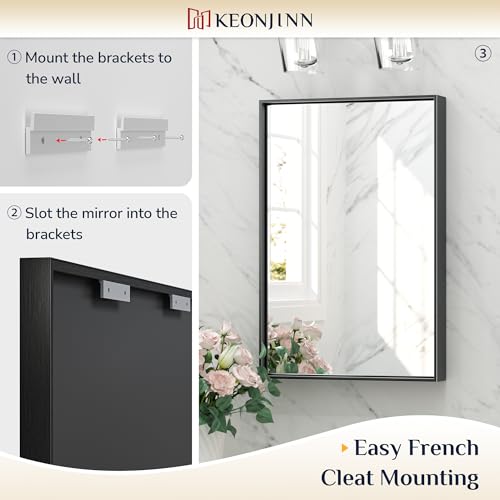 Keonjinn Black Bathroom Mirror 22 x 30 Inch, Brushed Black Framed Mirror for Over Sink, Rectangle Wall Vanity Mirrors with Square Corner, Alumium Frame, Modern Farmhouse Style