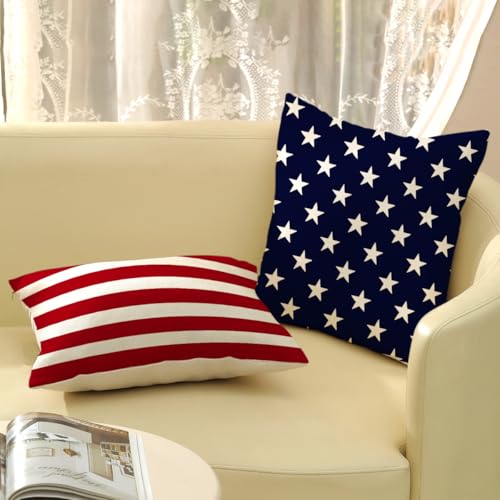 4th of July Pillow Covers 18 x 18 Inch Set of 2 Patriotic Red Stripe Navy Blue Stars Throw Pillows Independence Day Memorial Day Outdoor Decorative Pillowcase Linen Cushion Cases for Bed Sofa Couch