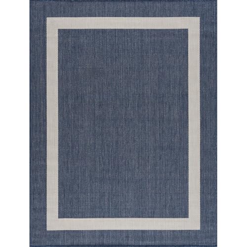CAMILSON Outdoor Rug 9x12, Large Modern Outside Rugs for Patios Porches Waterproof Durable Washable Non-Shedding, Easy-to-Clean Indoor Outdoor Area Carpet (9 x 12, Bordered - Blue/White)