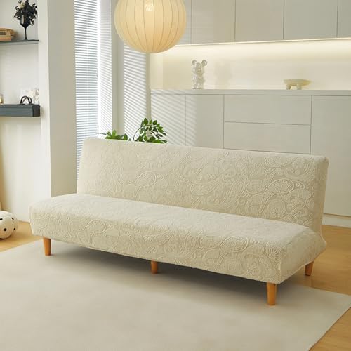 Armless Futon Covers Stretch Futon Couch Slipcover Soft Thicked Jacquard Sofa Bed Cover Furniture Protector for Living Room(Off-White,S)