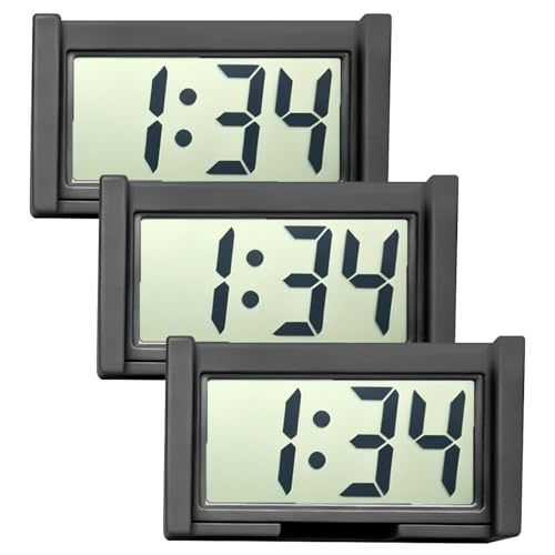 3 PCS Mini Digital Clock, Battery Operated Stick-On Car Dashboard Watch with LCD Time & Day Display, Self-Adhesive Electronic Clock for Desktop Car Truck Dashboard & Air Vent (Black)