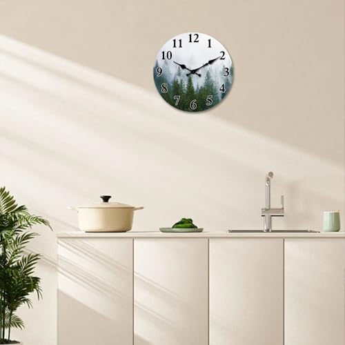 XFM Small Wooden Wall Clock Forest Tree Battery Operated Clocks MDF Silent Non-Ticking Wallclock 10 Inch Misty Forest Decorative Round Wall Clocks for Bathroom Decor