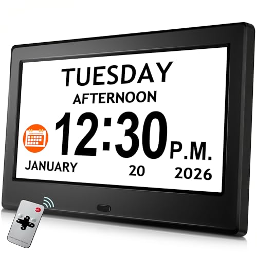 Pastigio Digital Clock, Dementia Clock with Date and Time, 10 Reminders, 6 Alarms, Auto-Dimming, Auto DST, Remote Control, Large Display Alarm Clock for Seniors