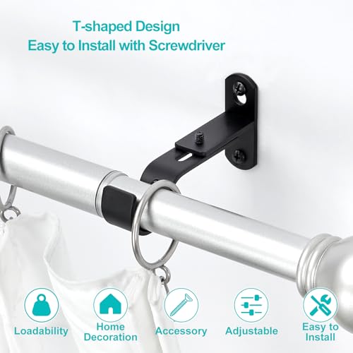Adjustable Curtain Rod Brackets, Metal Window Drapery Rod Hanger Holders Hooks for 1 inch Rods (Black, Set of 3)