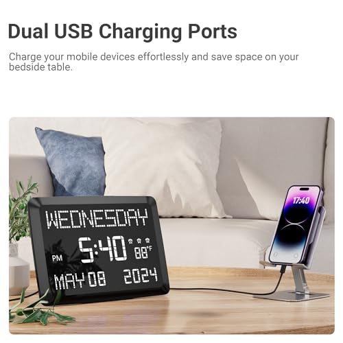 11.5” Extra Large Digital Wall Clock with Date and Day of Week , Electric Desk Clock for Seniors, Large Display Alarm Clock for Bedroom with Battery Backup, 5 Dimmer, 2 USB Ports, Indoor Temp, 12/24H