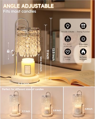 Candle Warmer Lamp with Timer Dimmer and 3 Bulbs, Candle Lamp Warmer with Marble Base for Adjustable Height, Crystal Candle Lamp for Jar Candles, House Warming Gifts Home Room Decor, Silver