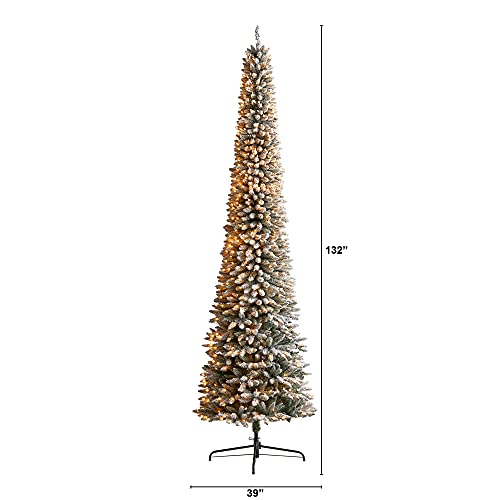 Nearly Natural 11ft. Flocked Pencil Artificial Christmas Tree with 850 Clear Lights and 1435 Bendable Branches