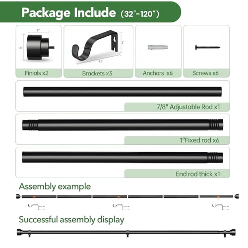 Time Forest Black Curtain Rods for Windows 32 to 120 Inch (2.6-10 Feet), 1 Inch Diameter Adjustable Heavy Duty Curtain Rod, Modern Style Indoor Outdoor Long Window Drapery Rods with End Caps