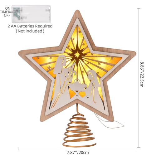 Christmas Star Tree Topper, Wooden 3D Star Glittered Hollow Plug-in Christmas Tree Topper Decoration with LED Light & 6-Hour Timer Function for Indoor Office Holiday Xmas 7.87" x 8.86" (White)