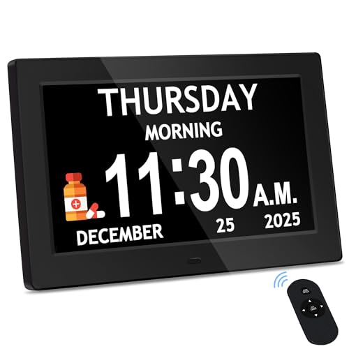 7" Black& 10.1" Black Dementia Clock Set (2-Pack) - Large Digital Display with Date/Time, Auto Dimming, 6 Alarms, Remote Control