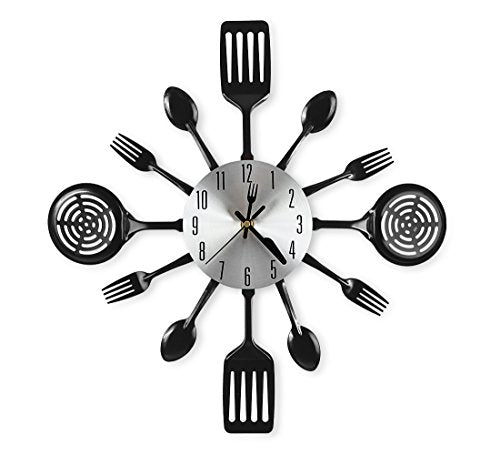 16 Inch Cutlery Kitchen Wall Clock - Silent Non-Ticking, Battery Operated, Fork & Spoon Design for Home, Dining Room Decor, for Mom, Wife, Cooking Lovers