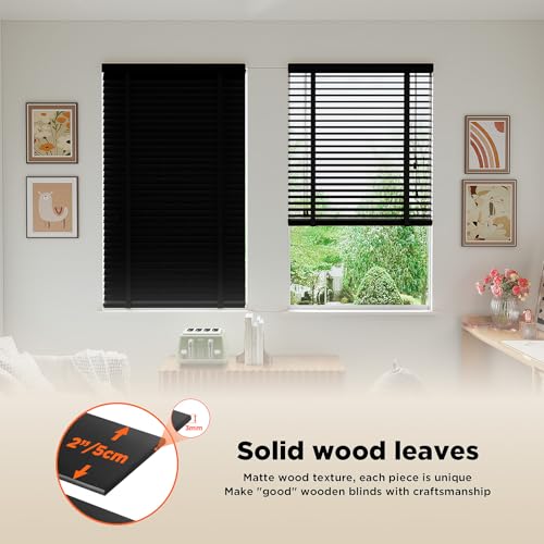 2" Slats Wood Blinds for Indoor Windows: Solid Wooden Blackout Blinds & Shades,Black Out Privacy Horizontal Blinds for Home Bedroom Bathroom Living Room Windows 22.5" WX48 H Black