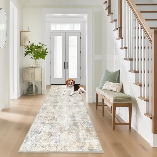 Capslpad 2x8 Washable Runner Rug, Modern Non-Slip Hallway Runner Rug, Abstract Low Pile Kitchen Rug, Soft Print Faux Wool Rug for Entryway, Bedroom, Kitchen, Laundry, Light Beige