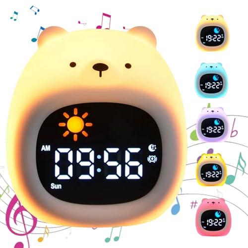 Sleep Trainer Clock for Kids, Bedside Cute Alarm Clock with Night Light Rechargeable Digital Clocks for Girls & Boys, Bear