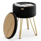Round Ottoman with Storage, Textured Velvet Storage Ottoman, Foot Stool Ottomans, Makeup Vanity Stool, Small Ottomans Foot Rest, Modern Vanity Stools for Living Room and Bedroom, Black