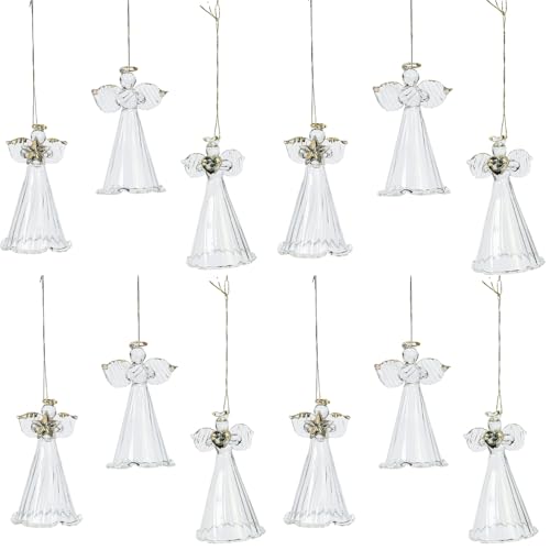 Spun Glass Angel Ornaments with Star/Heart/Praying Hands (Set of 12) Christmas Religious Decor