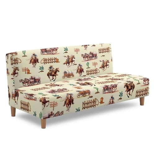 Suobstales Horse Cactus Cowboy Pattern Futon Slipcover Armless Sofa Cover Stretch Furniture Protector for Foldable Couch Bed with Elastic Bottom for Living Dining Room
