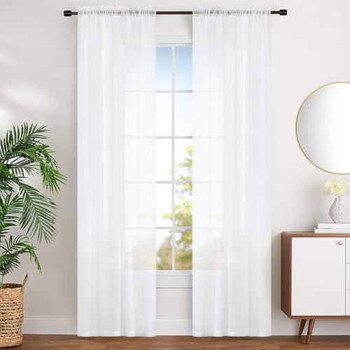 MYSTIC-HOME Sheer Curtains White 95 Inches Long, Window Treatments Rod Pocket Drapes for Living Room, Bedroom, Semi Crinkle Voile Curtain Panels for Yard, Patio, Villa, Parlor, Set of 2, 52"Wx95"L