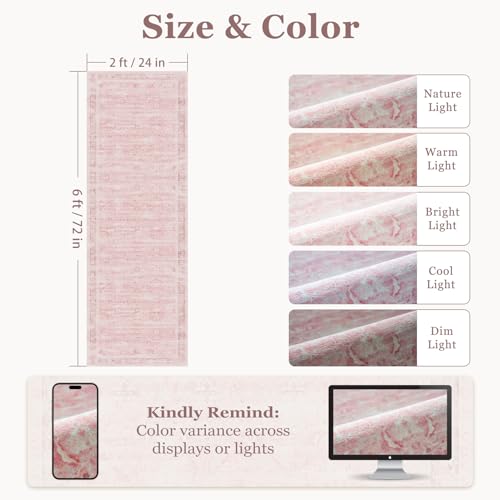 Pink Hallway Runner 2x6, Low Pile Aesthetic Bedside Runner for Bedroom Girls Kids Nursery Dorm, Kitchen Runner Rugs Non Skid Washable, Carpet Runners for Entryway/Foyer/Bedroom/Laundry Room
