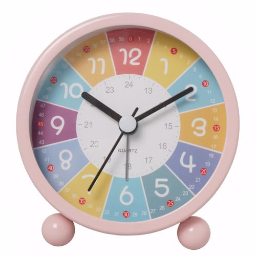 Cute Alarm Clock with Silent Clock Movement Color Coded Time Zones Digital Dial Metal Casing Hands for Teens Bedroom Bedside Kids 12/24 Hour Clock Battery Operated Pink