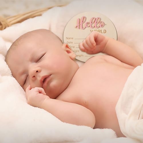 Baby Announcement Sign, 5.9in Wooden Hello World Newborn Signs Birth Announcement Sign Welcome Name Plaques for Newborn Boys and Girls Photo Props Baby Shower Hospital Nursery (Light Pink)