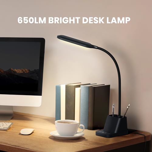LED Desk Lamp with USB Charging Port, Study Table Light for Home Office Bedrooms, Black, Flexible Gooseneck, Small, 650LM, Pen Holder, Timer Settings, School Essentials for College Dorm Room